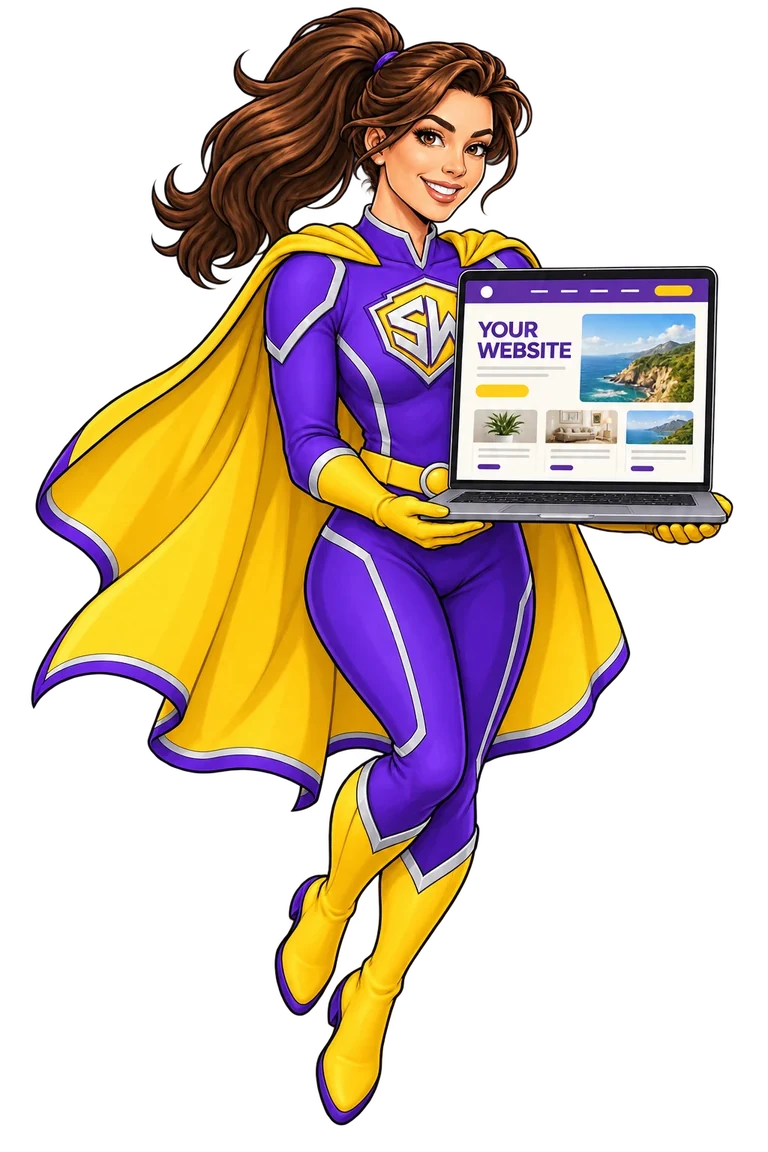 Super Websites heroine floating while holding an open laptop displaying Your Website