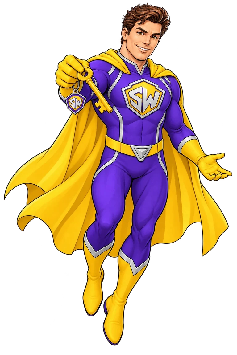 Super Websites hero floating and offering a golden key