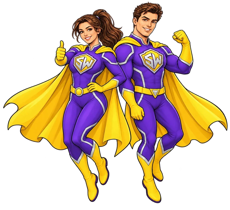 The Super Websites heroine and hero floating back to back in victory, with a thumbs-up and a raised fist