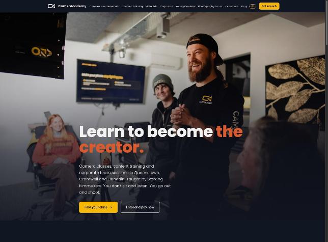 Homepage of cameracademy.com, camera and content classes in Queenstown, Cromwell and Dunedin