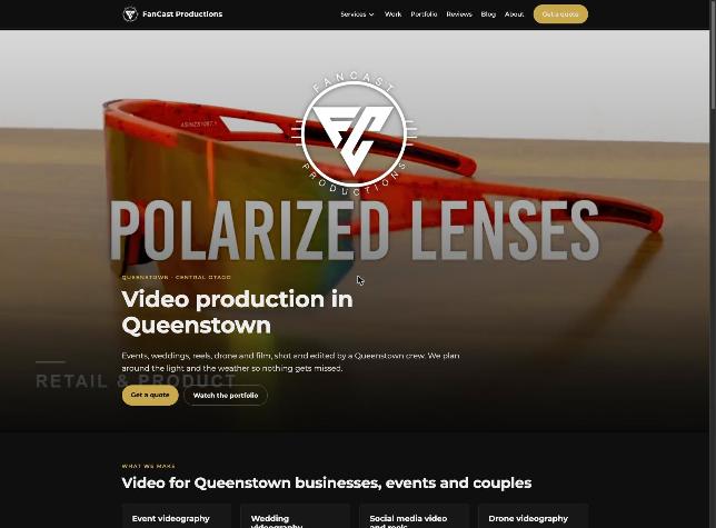 Homepage of fancast.co.nz, a Queenstown video production company